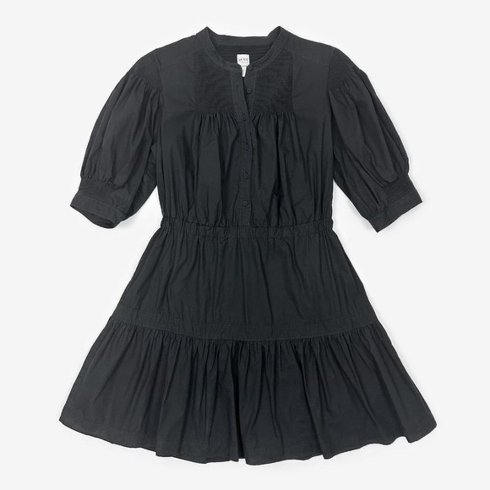 La Vie Rebecca Taylor Tiered Mini Dress Size M Black Cotton Classic Quiet Luxury - Picture 3 of 9